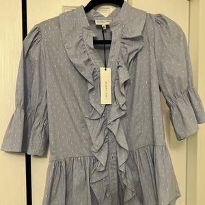 Waverly Grey Ruffle Front Navy and White cotton blouse